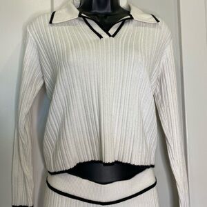 White Ribbed Knit Sweater with Black Trim